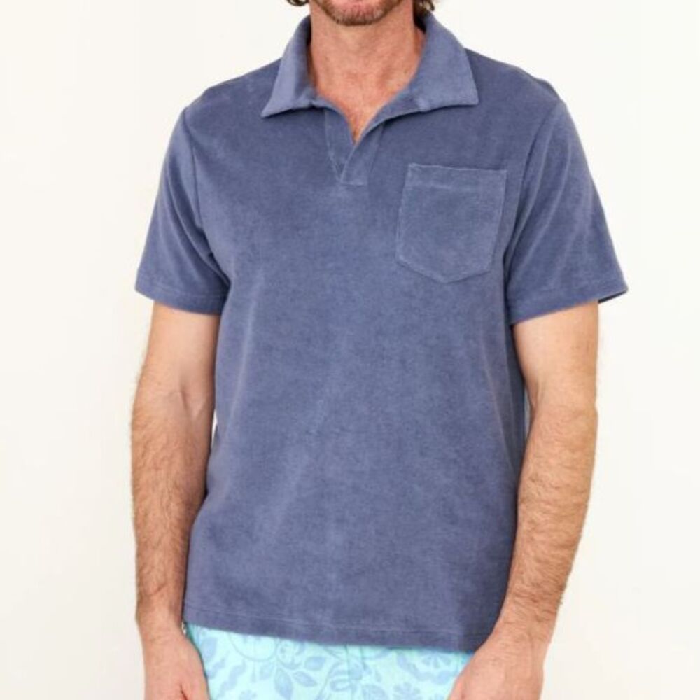 HIHO Men's Vintage Indigo SS Open Collar Terry Cloth Polo Shirt Size L